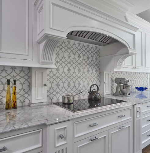 Custom mosaic tile - Honed Thassos Marble Water Jet and Polished Carrara Marble Hand Clipped Tile and Oven