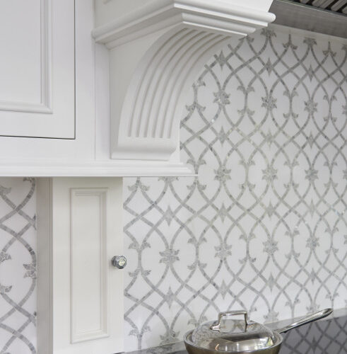 Custom mosaic tile - Honed Thassos Marble Water Jet and Polished Carrara Marble Hand Clipped Tile